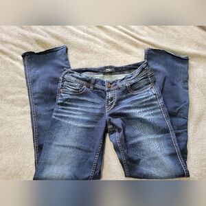 Women's Dark Blue Silver Mid Suki Slim Boot Stretch Denim Jeans